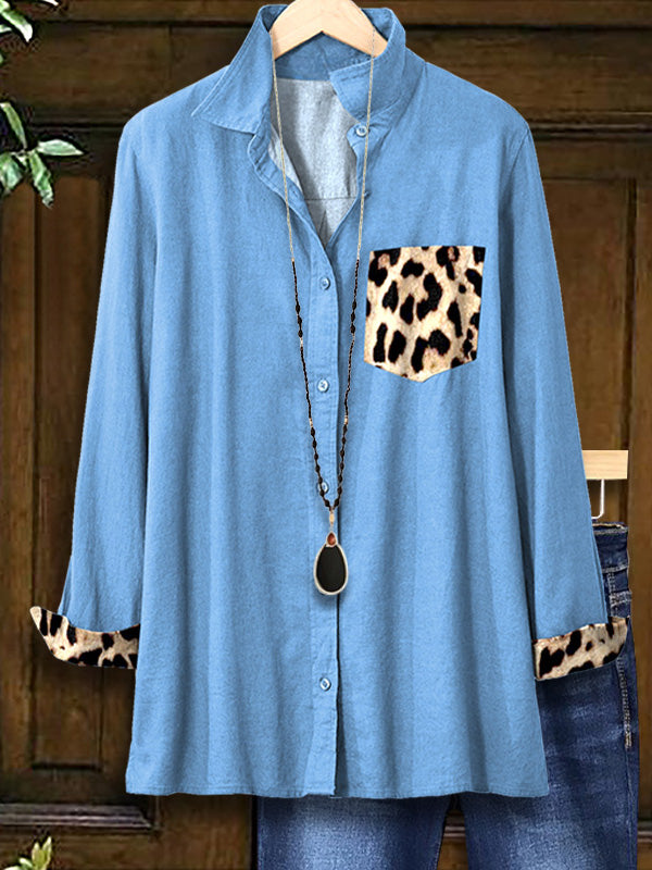 Denim Leopard Print Patchwork Shirt