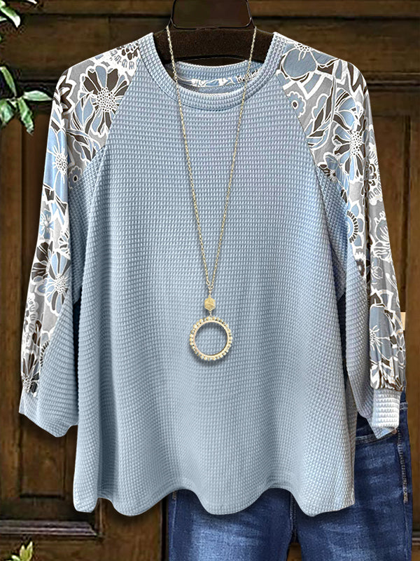 Floral Print Waffle Patchwork Top