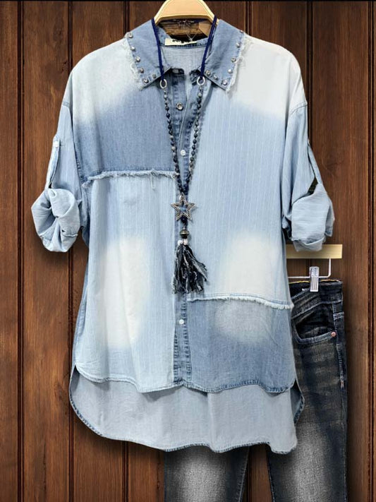 Stripe Patchwork Button Up Denim Shirt