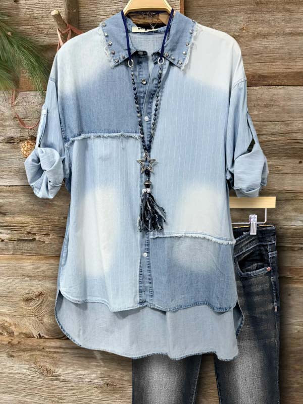 Stripe Patchwork Button Up Denim Shirt