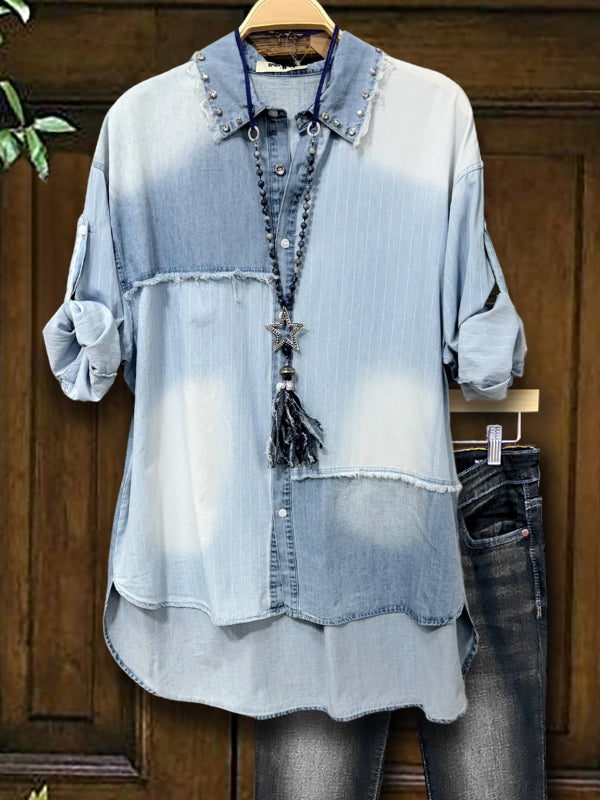 Stripe Patchwork Button Up Denim Shirt