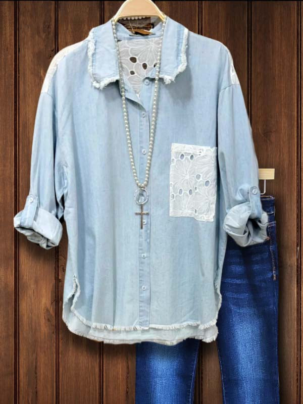 Sweet Lace Pocket Denim Shirt