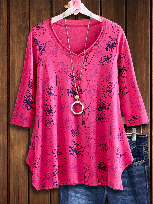 V-Neck Floral Print Loose Blouse