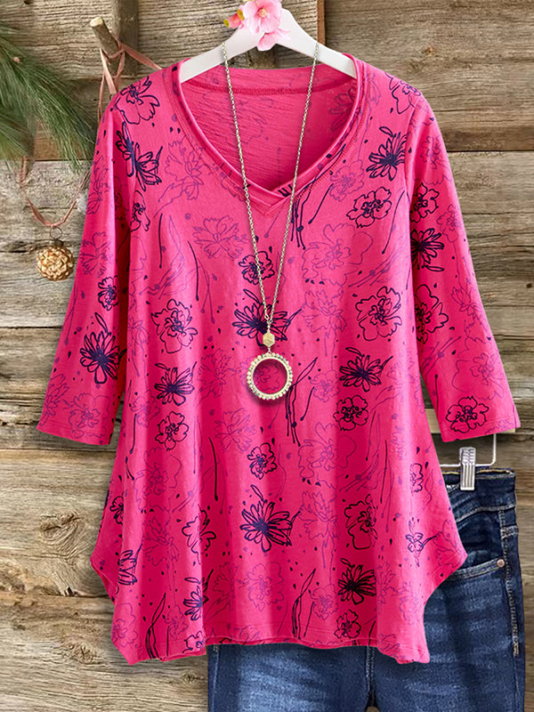 V-Neck Floral Print Loose Blouse