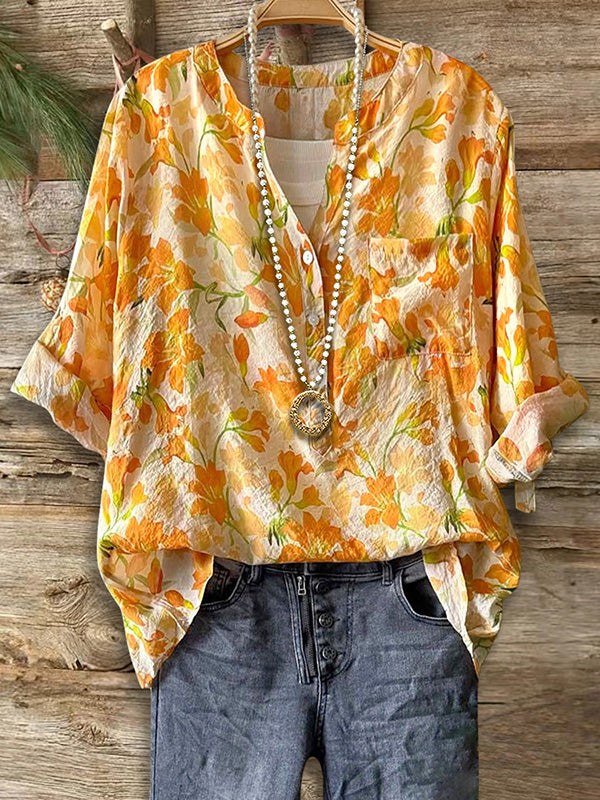 Art Floral Print Patch Pocket Blouse