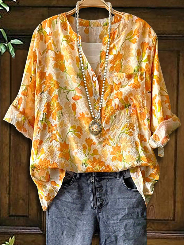 Art Floral Print Patch Pocket Blouse