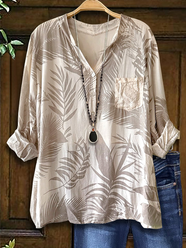 Leaf Print Patch Pocket Loose Blouse