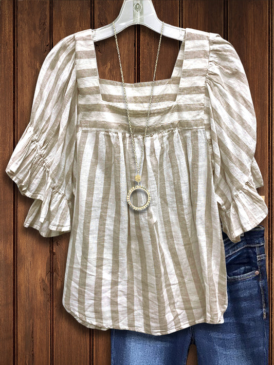 Square Neck Striped Ruffle Blouse