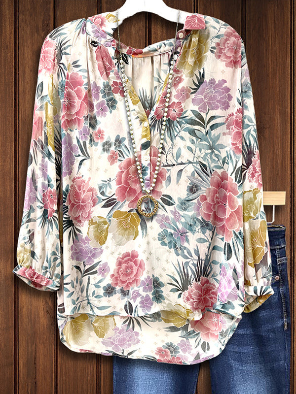 Split Collar Floral Print Blouse