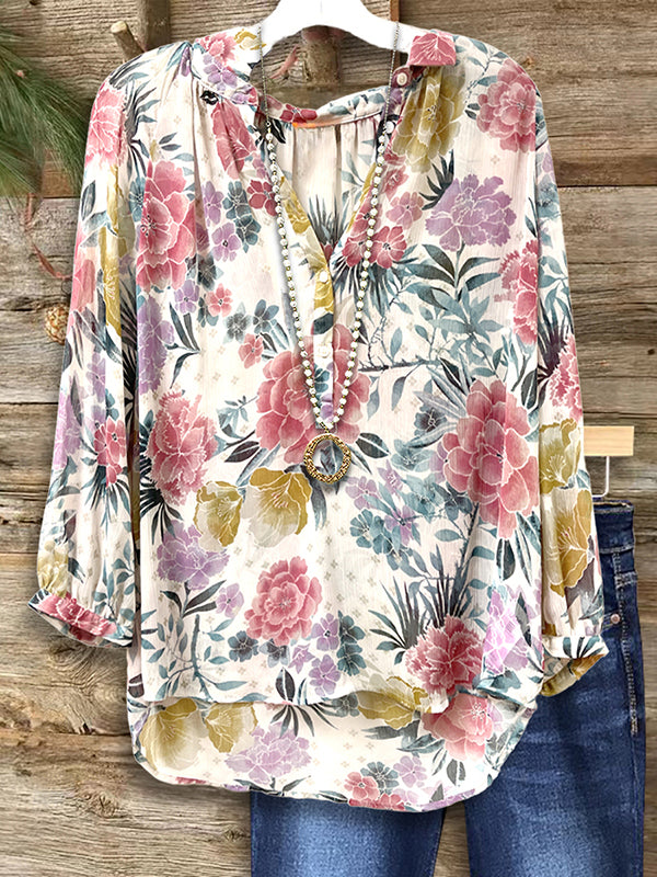 Split Collar Floral Print Blouse