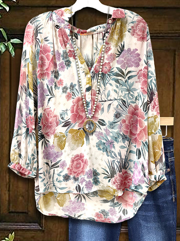 Split Collar Floral Print Blouse