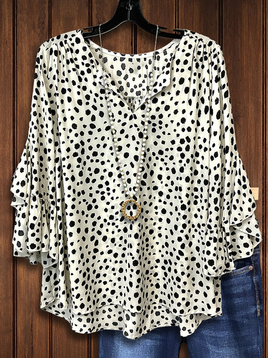 Dot Print Ruffle Sleeve Blouse