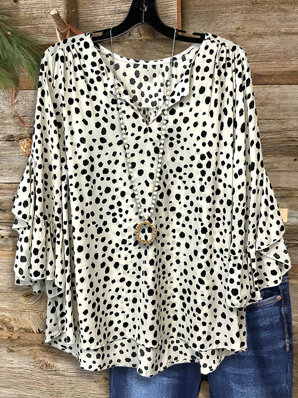 Dot Print Ruffle Sleeve Blouse