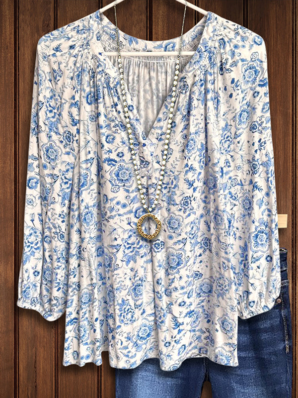 Blue & White Print Loose Blouse