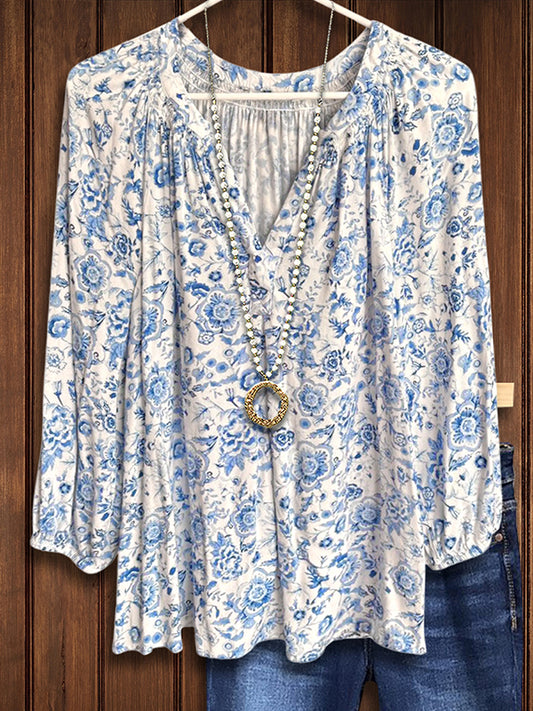 Blue & White Print Loose Blouse