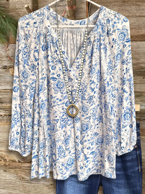 Blue & White Print Loose Blouse