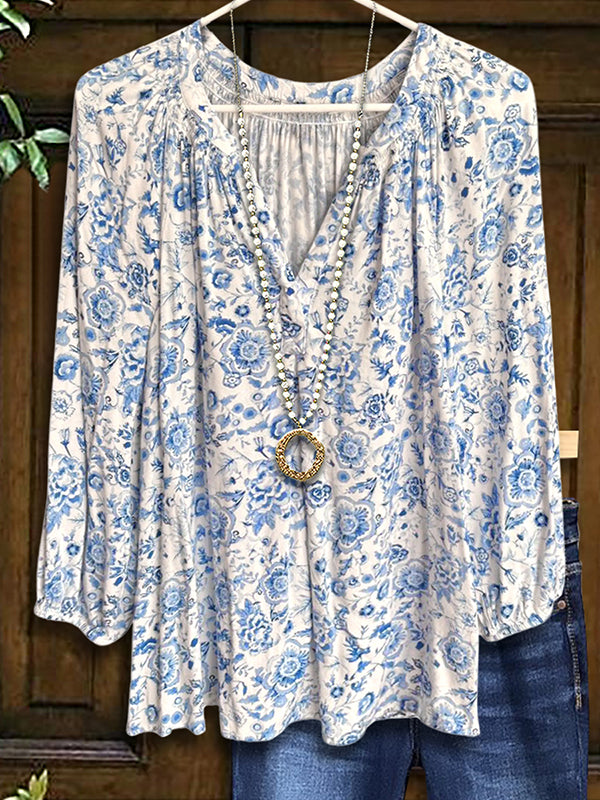 Blue & White Print Loose Blouse