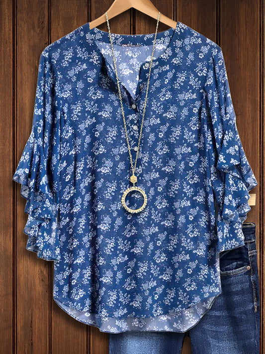 Navy Floral Print Ruffled Blouse