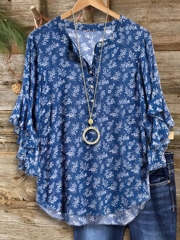 Navy Floral Print Ruffled Blouse