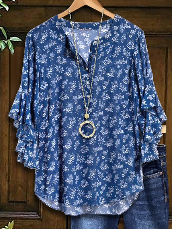 Navy Floral Print Ruffled Blouse