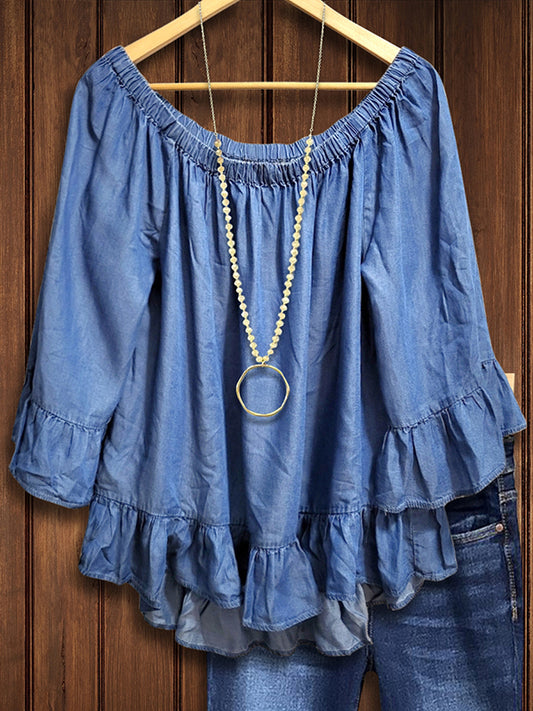 Denim Babydoll Ruffled Blouse