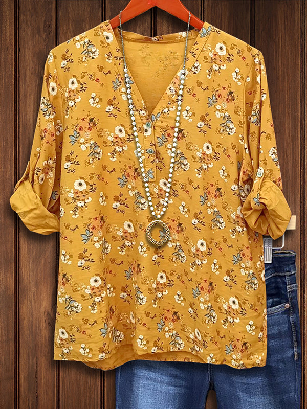 V-Neck Floral Print Loose Blouse