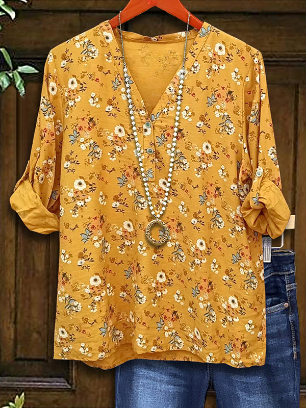 V-Neck Floral Print Loose Blouse