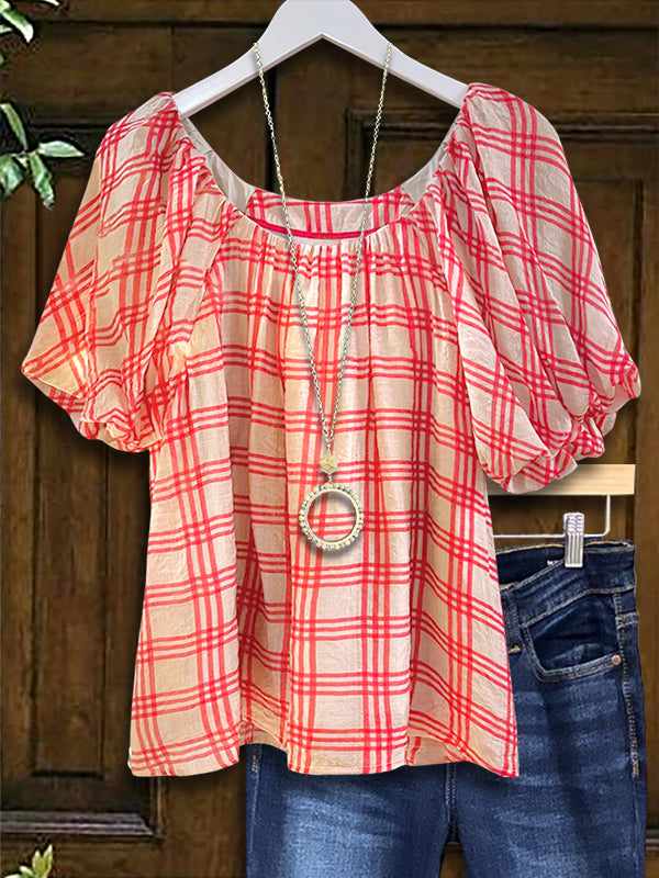 Round Neck Plaid Puff Sleeve Blouse