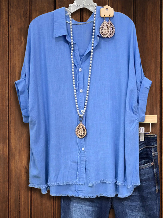 Blue Lapel Buttoned Loose Shirt