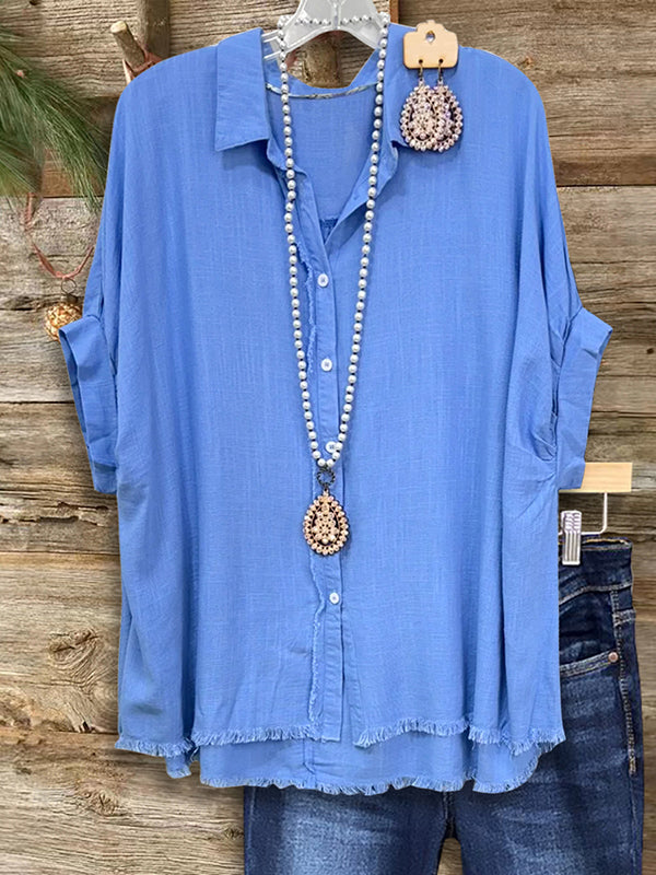 Blue Lapel Buttoned Loose Shirt