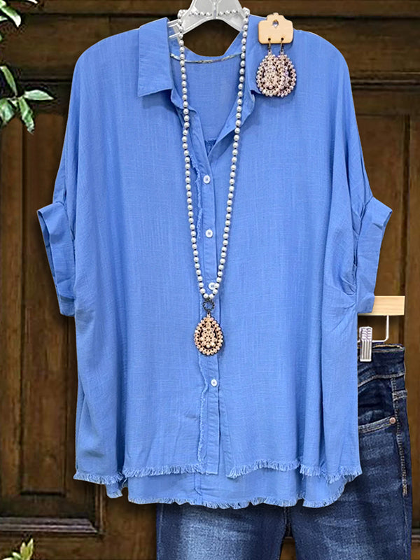 Blue Lapel Buttoned Loose Shirt