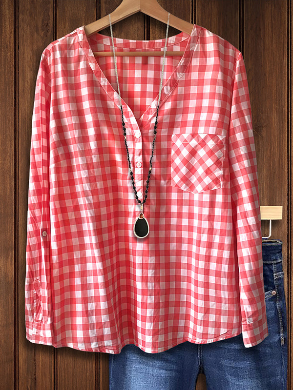 Plaid Patch Pocket Loose Blouse