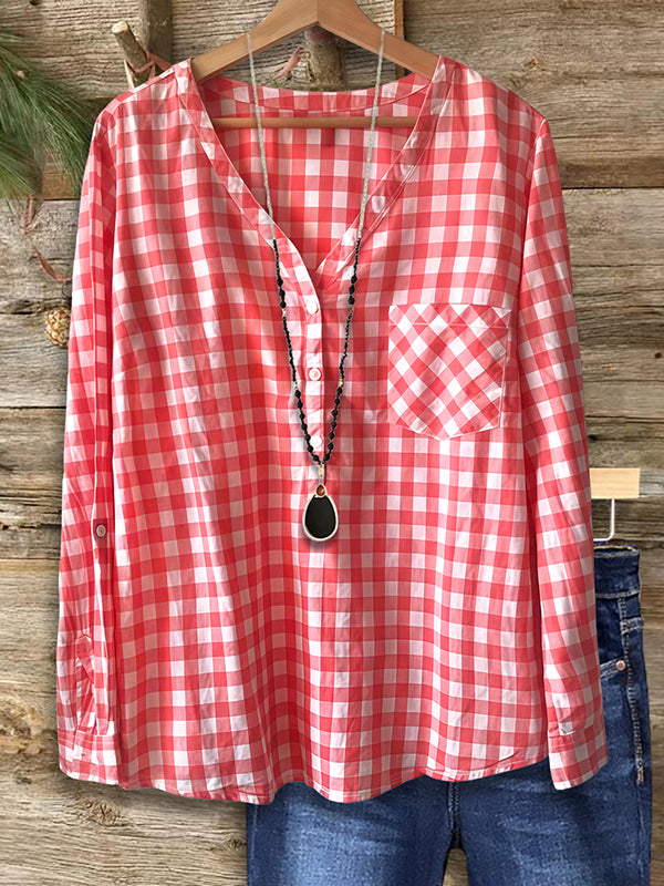 Plaid Patch Pocket Loose Blouse