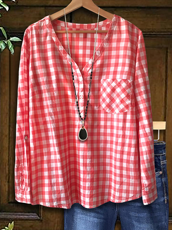 Plaid Patch Pocket Loose Blouse