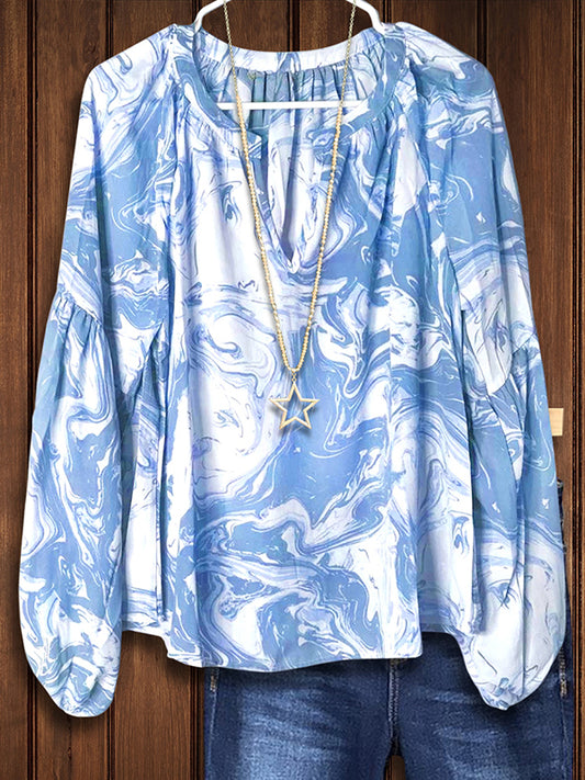 Abstract Print Puff Sleeve Blouse