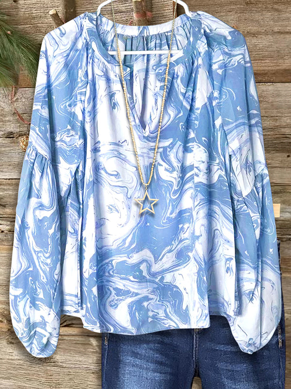 Abstract Print Puff Sleeve Blouse