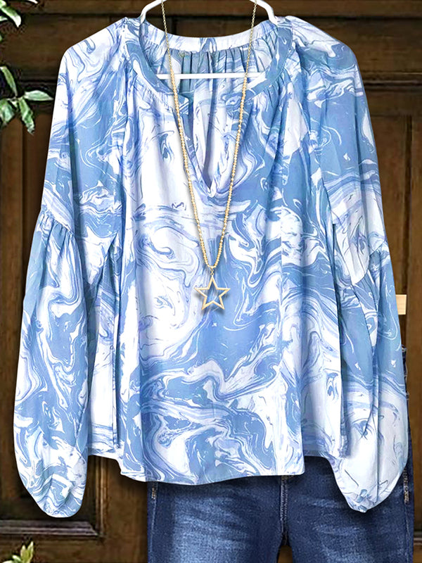 Abstract Print Puff Sleeve Blouse