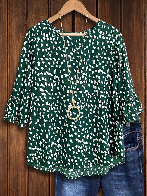 Dot Print Ruffle Sleeve Blouse