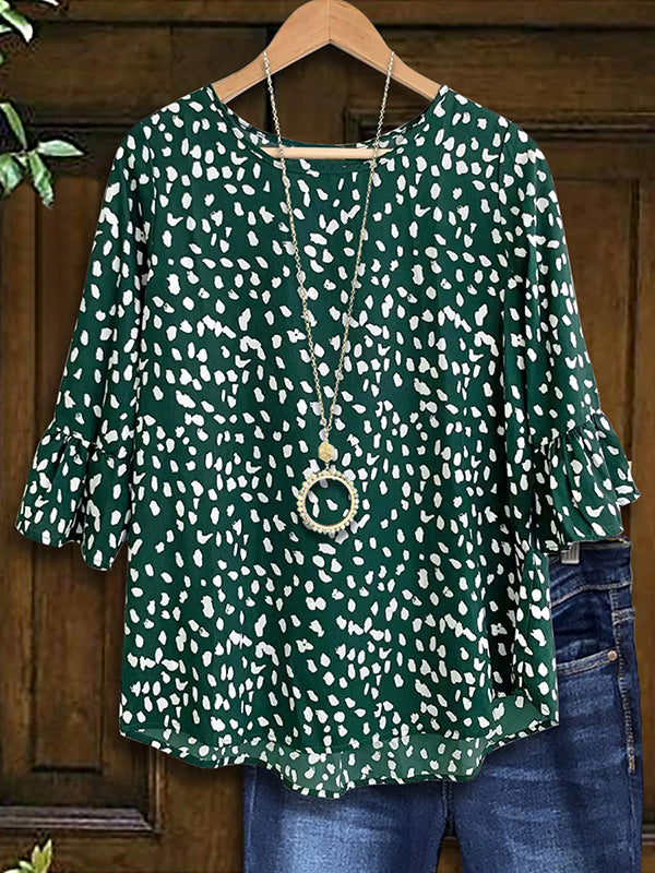 Dot Print Ruffle Sleeve Blouse