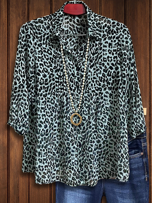 Leopard Print Pleated Loose Blouse