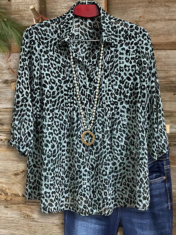 Leopard Print Pleated Loose Blouse