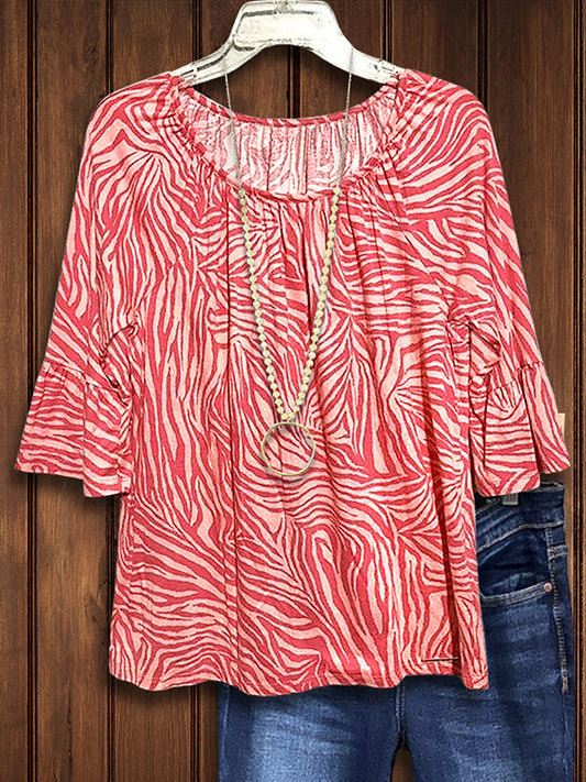 Zebra Print Ruffle Sleeve Blouse