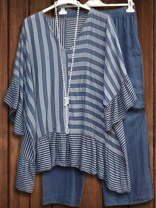 Striped Patchwork Ruffled Loose Blouse