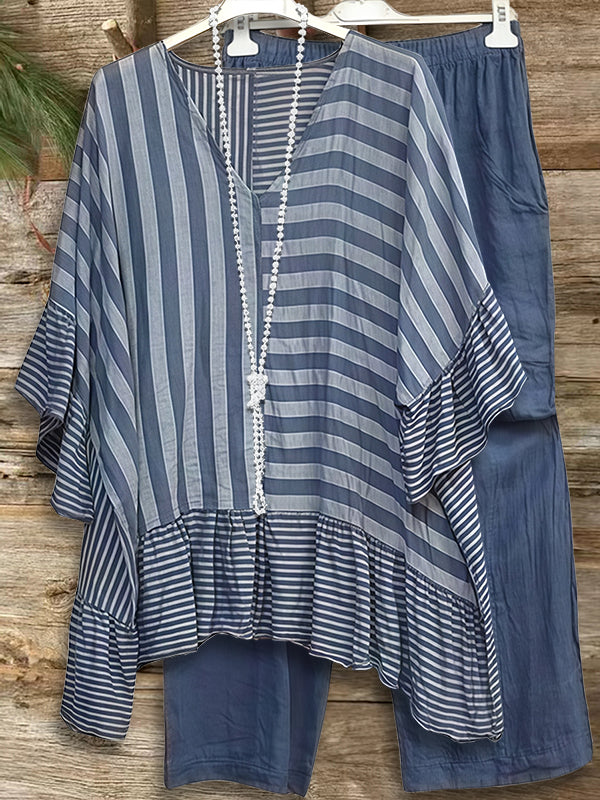 Striped Patchwork Ruffled Loose Blouse