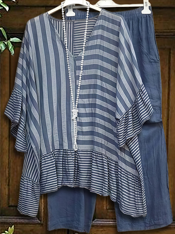 Striped Patchwork Ruffled Loose Blouse