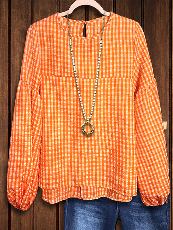 Orange Plaid Puff Sleeve Blouse