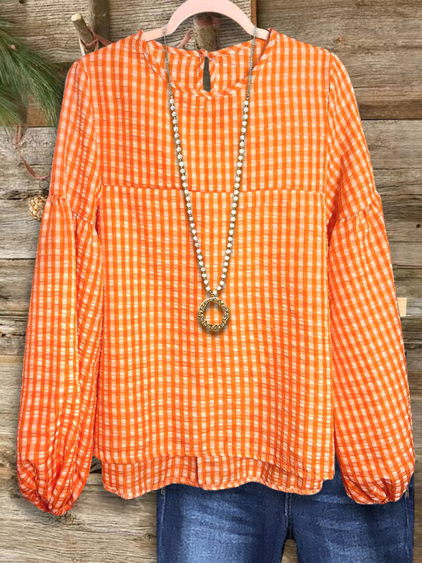 Orange Plaid Puff Sleeve Blouse