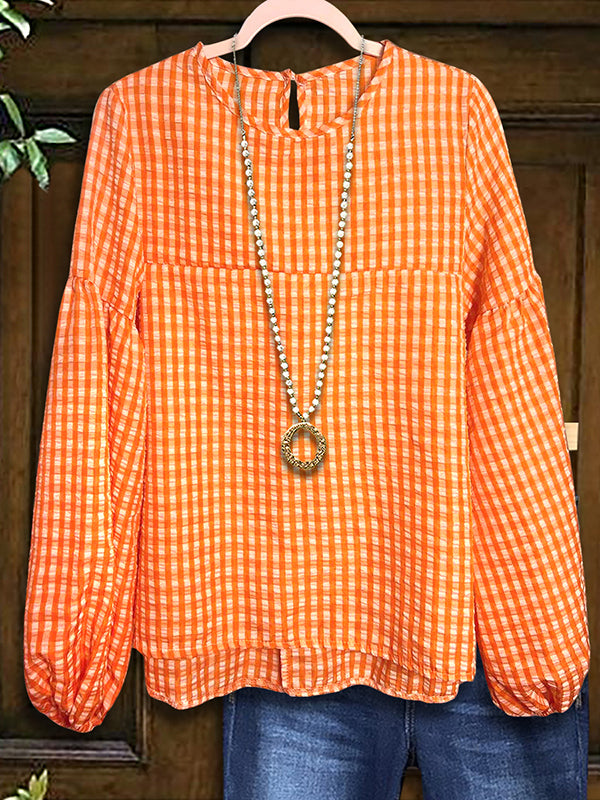 Orange Plaid Puff Sleeve Blouse