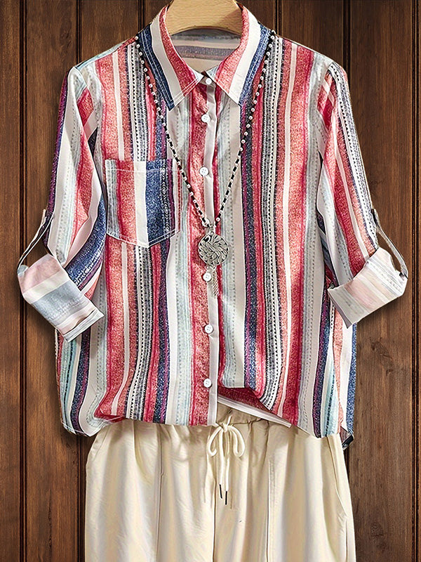 Color Striped Print Patch Pocket Blouse