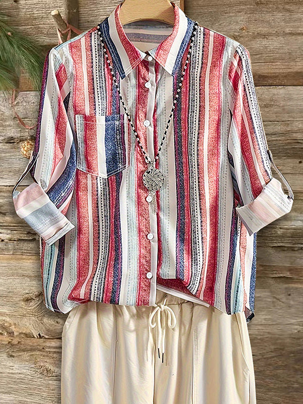 Color Striped Print Patch Pocket Blouse